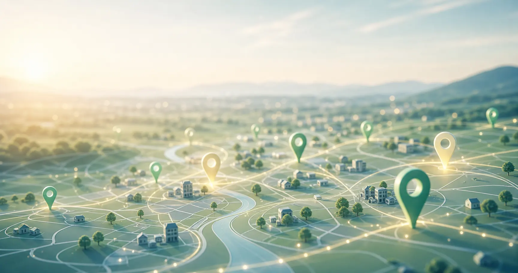 Mappa digitale con percorsi luminosi per rappresentare la Local SEO