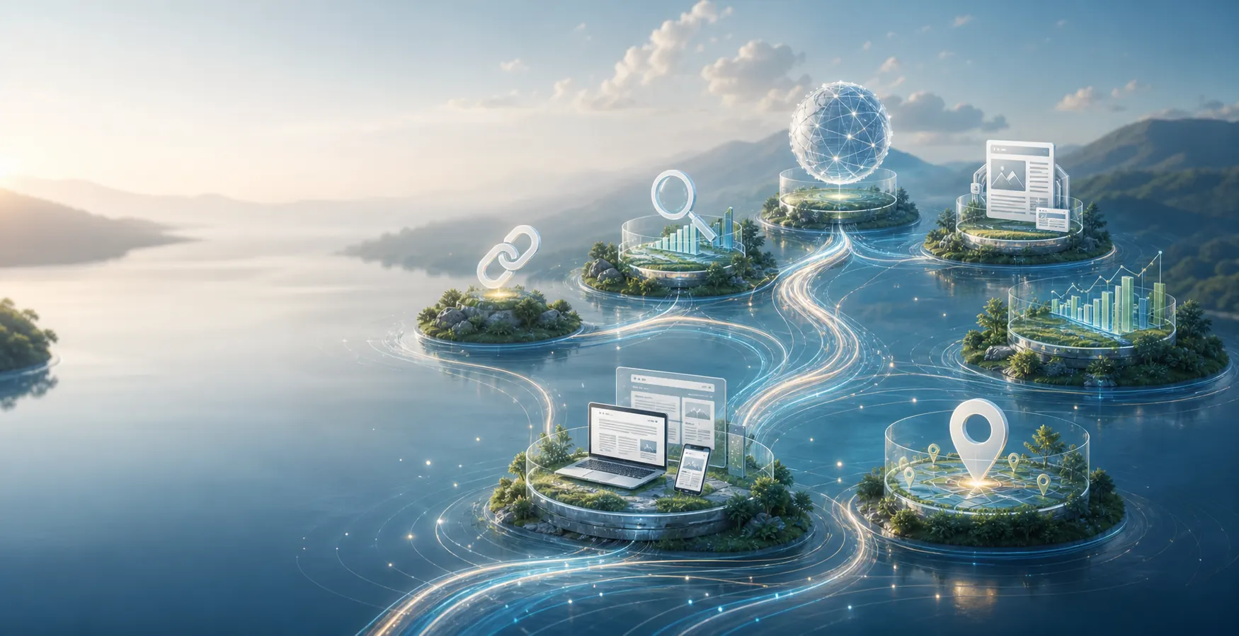 Ecosistema digitale che rappresenta servizi SEO siti web e marketing online